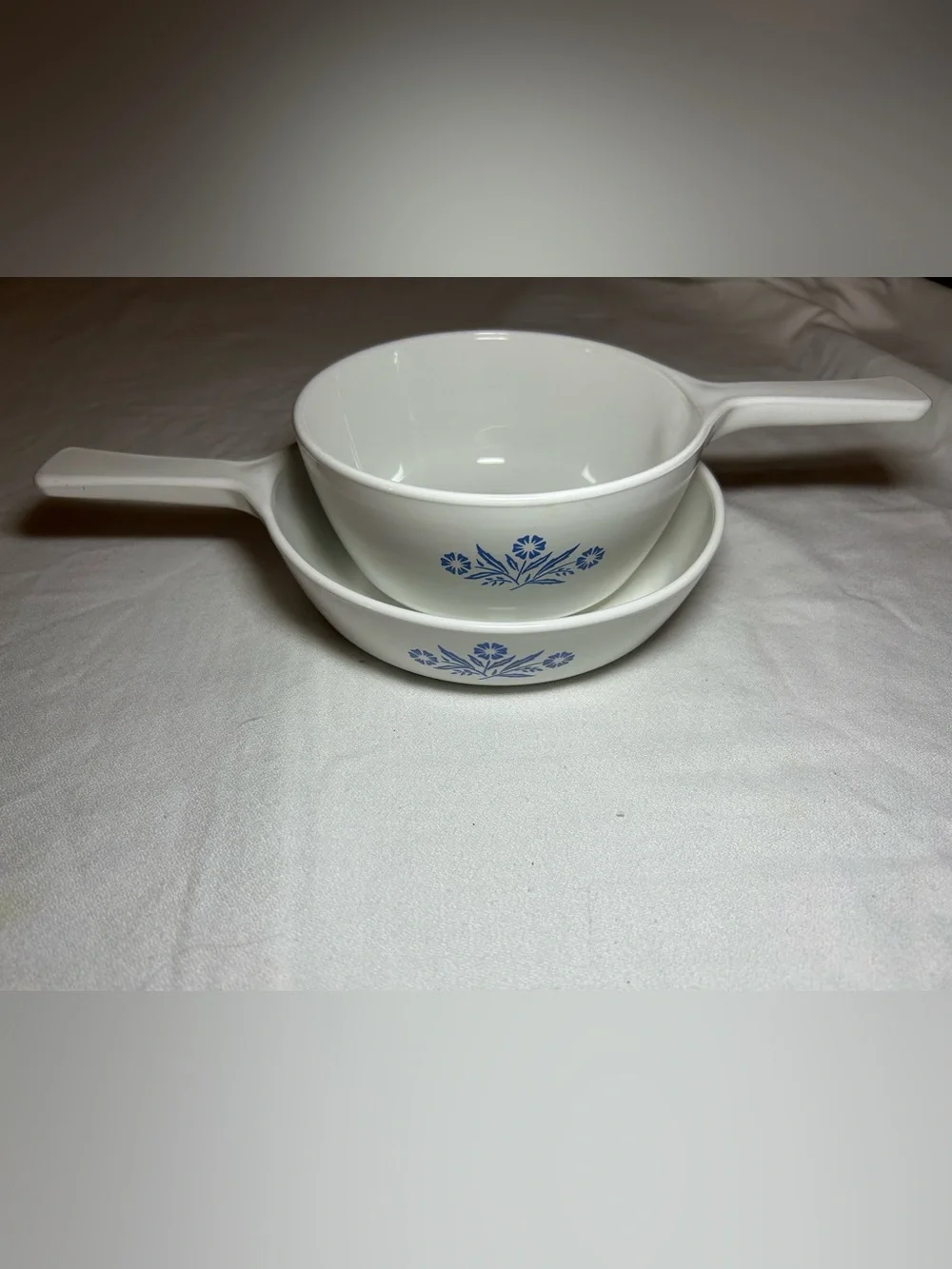 2 Corning Ware Blue Cornflower Ceramic Cooking Skillets 6 1/2” & 1-1/2 Pint